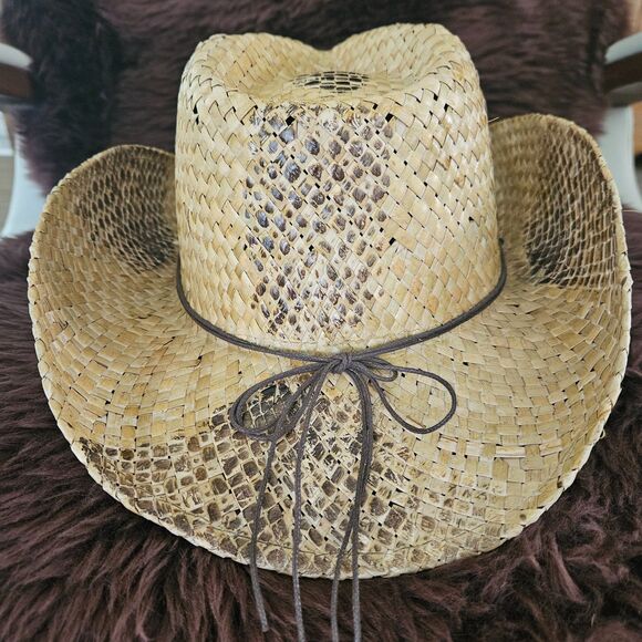 STRAW COWBOY HAT Turquoise Bead Trim One Size Fits All - Picture 4 of 8